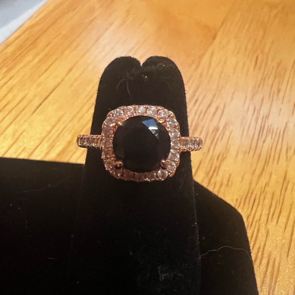 Black Gem, CZ Pavé and Rose Gold Ring (Size 5)